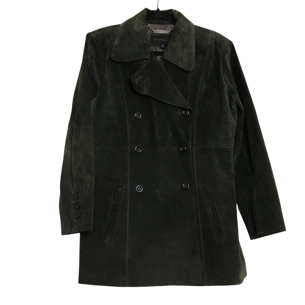 Vintage Express Preppy Y2K Green Double-Breasted Suede Pea Coat Womens Size M